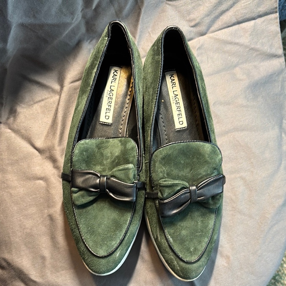 Karl Lagerfeld Green Suede Loafers with Bow